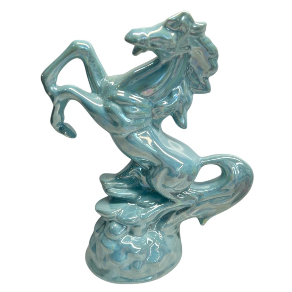 Vintage Blue Iridescent Ceramic Horse Sculpture Fairytale Style Figurine